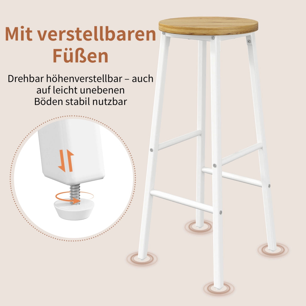 Sgabello da bar set da 2 con seduta effetto legno e piedi regolabili in metallo bianco moderno per isola cucina