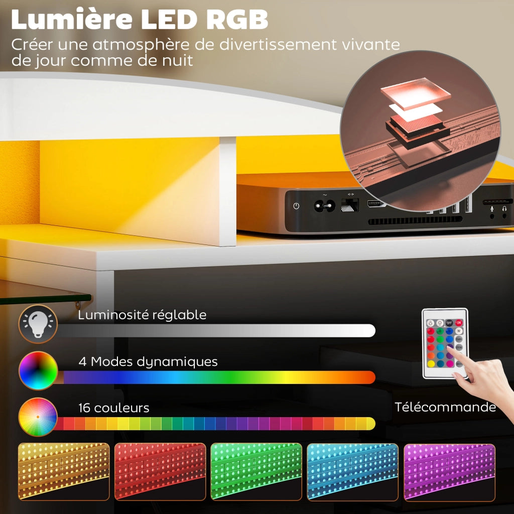 Mobile TV con illuminazione LED, ripiani in vetro temperato, bianco ¨C zephmum ¨C 120x34x45