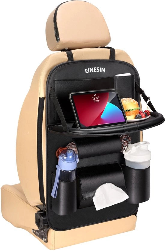 Organizzatore di auto per bambini con tavolo, organizzatore per la panca posteriore, premium pelle PU, organizzatore acqua resistente per la panca posteriore con tavolo pieghevole, ripiano per tablet e molte tasche (nero, 1 pezzo)