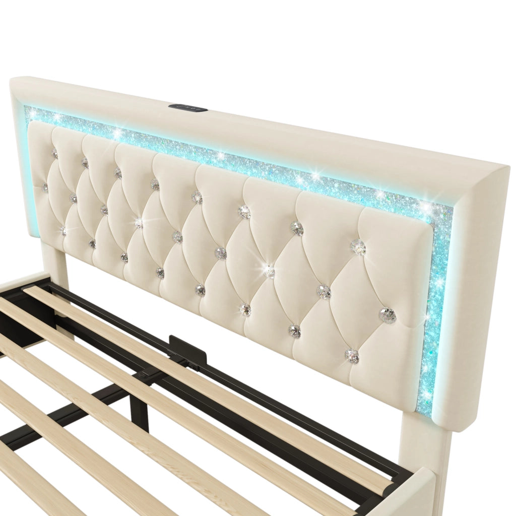 Letto matrimoniale 160x200 cm in velluto beige con contenitore; LED; USB e USB-C
