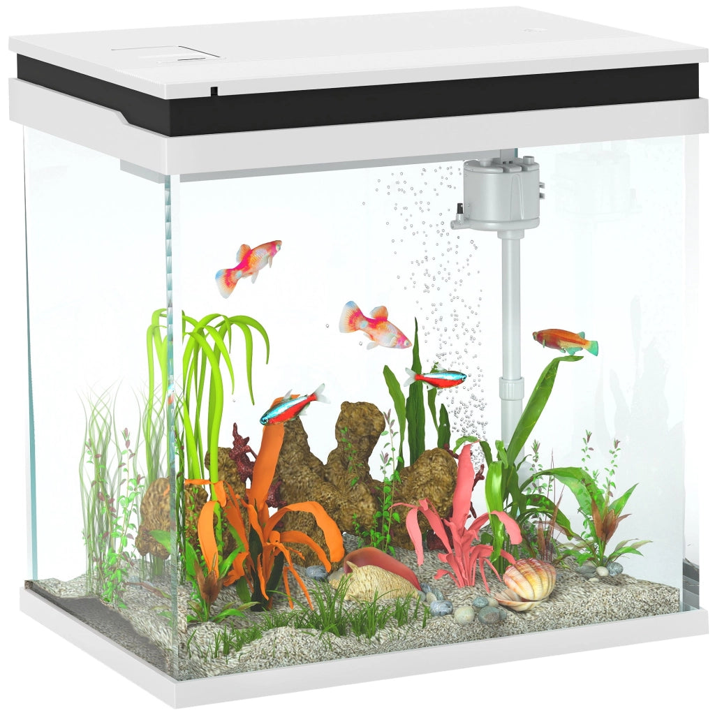 Acquario per Pesci Rossi 26L con Luci LED 38x26x38 cm Sistema di Filtraggio e Pompa d'Acqua Bianco