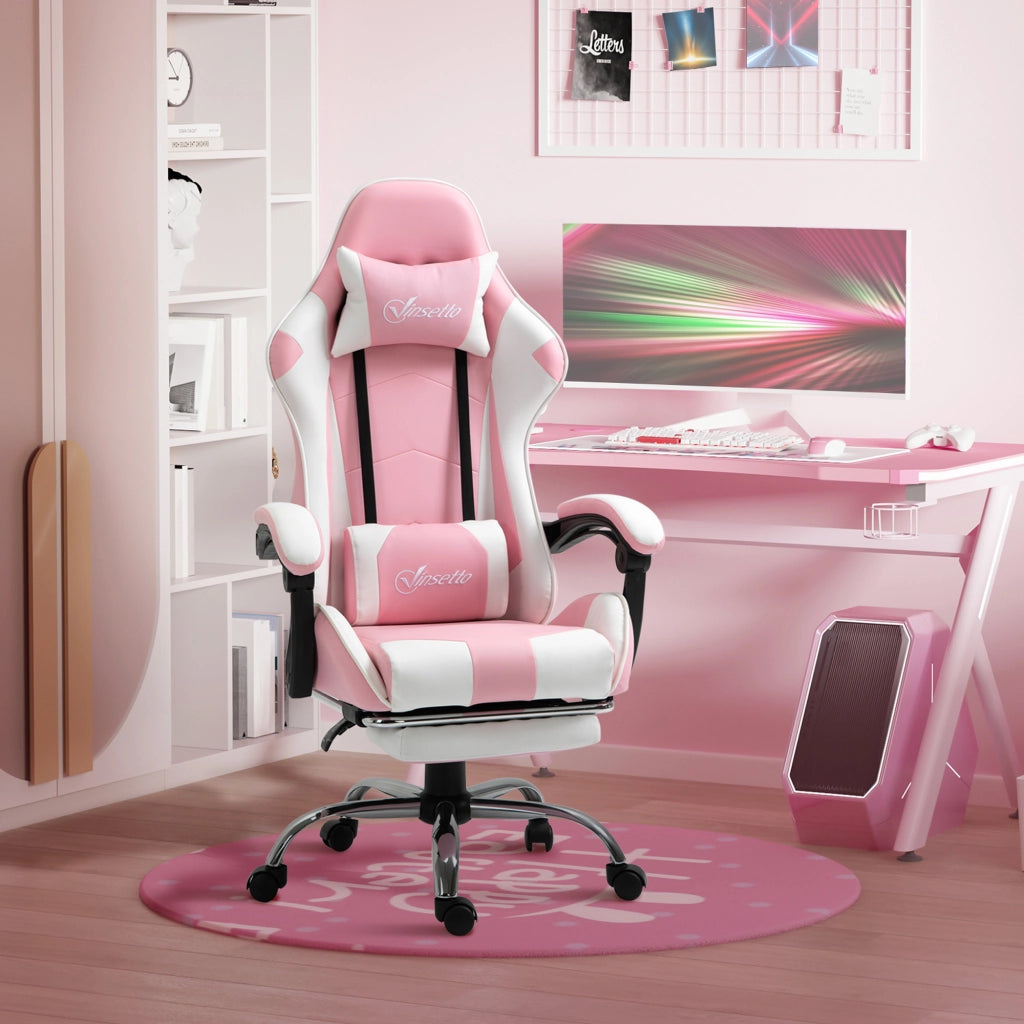 Sedia da gaming ergonomica con poggiapiedi, altezza regolabile e ruote girevoli 360°, in pelle sintetica rosa