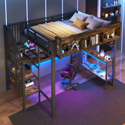 Letto a soppalco vintage con scrivania ad angolo, USB-C e LED, 140x200 cm