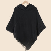 Mantella/scialle da donna con cappuccio in maglia, maglione a maglia larga, tinta unita, con nappe, mantella calda e versatile.