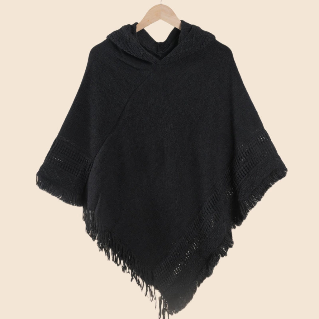 Mantella/scialle da donna con cappuccio in maglia, maglione a maglia larga, tinta unita, con nappe, mantella calda e versatile.