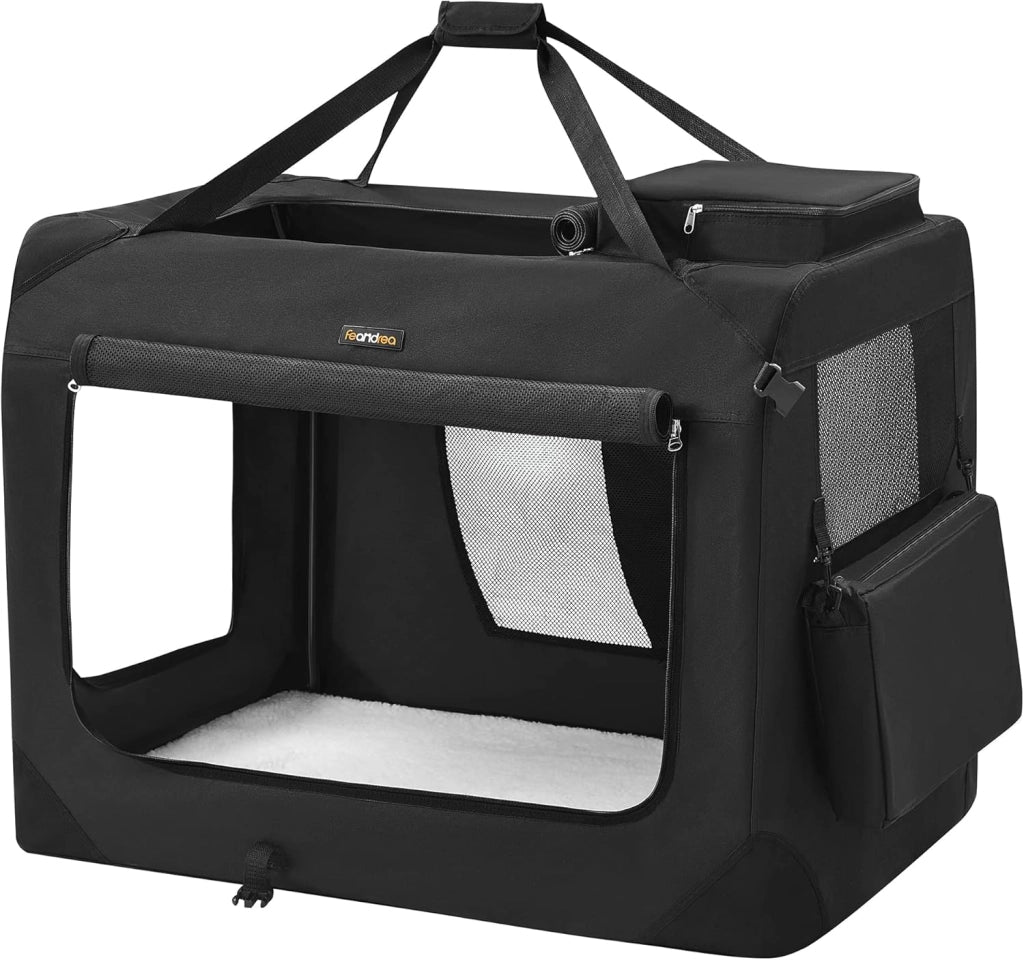 FEANDREA Trasportino per Cani, Gabbia Pieghevole per Animali Domestici, Taglia XXL, Tessuto Oxford e Maglia, Traspirante, Portatile, Struttura in Metallo, con Manici e Tasche, 91 x 63 x 63 cm, Nero PDC90H