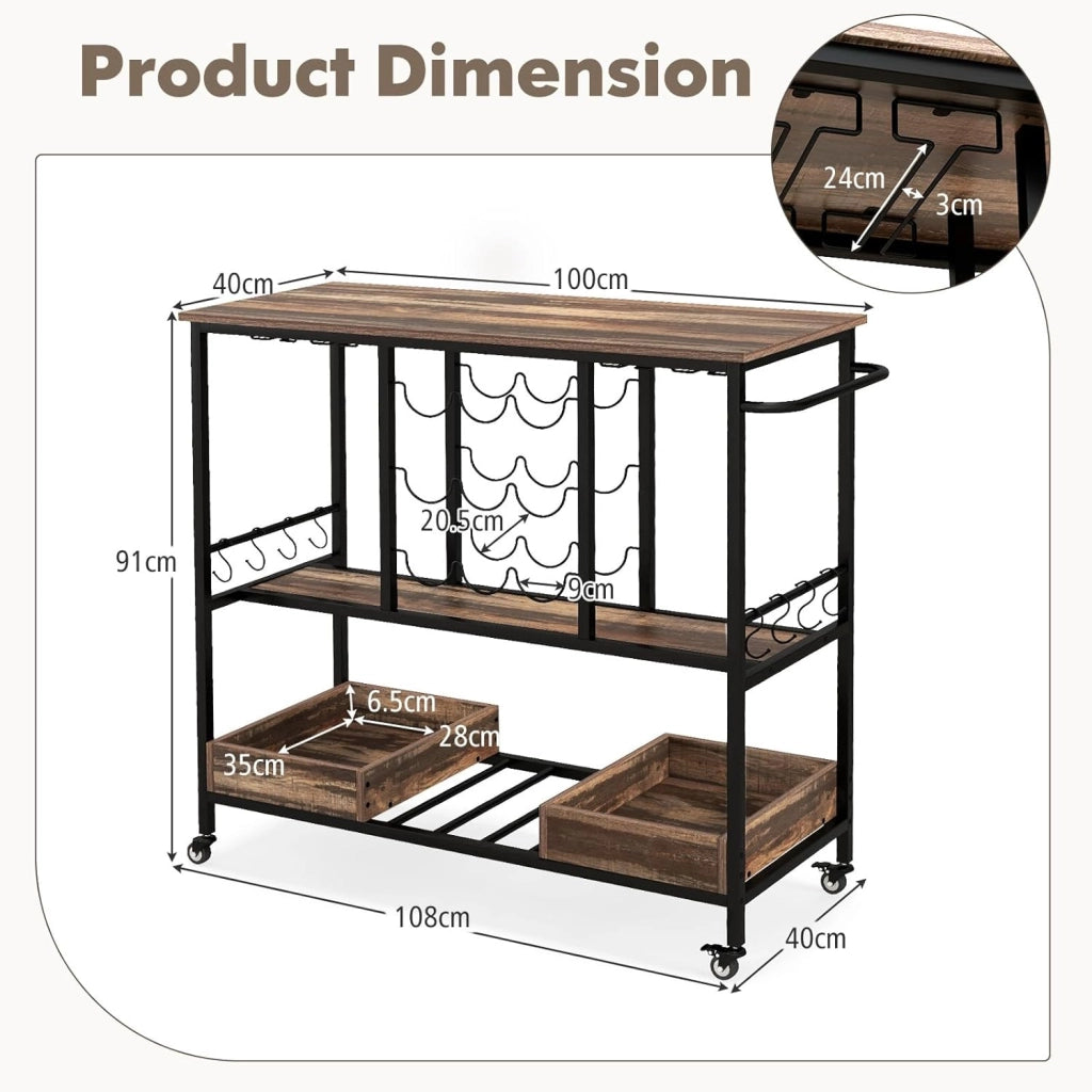 Carrello da Cucina con Ruote, Carrello di Servizio con Portabottiglie, Portabicchieri Ganci, Carrello Portaoggetti a 3 Ripiani per Bar, Casa, Cucina, 108 x 40 x 91 cm (Grigio)