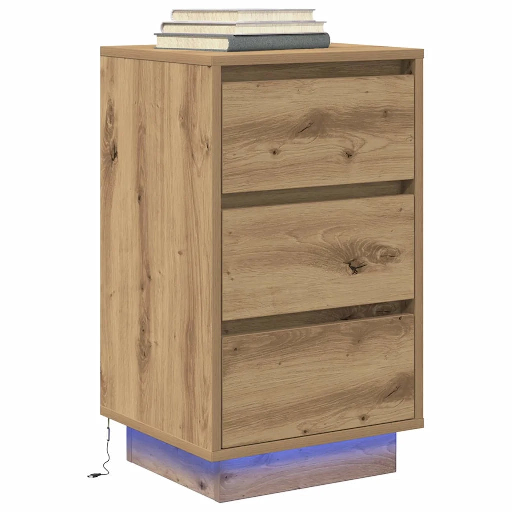 Comodino | Armadio da Notte | Mobiletto da notte con Luci LED Rovere Artigianale 38x34x65 cm