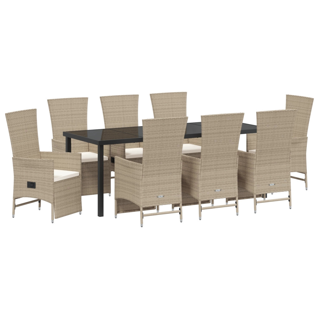 Set da Pranzo da Giardino 9 Pezzi con Cuscini Beige Polyrattan