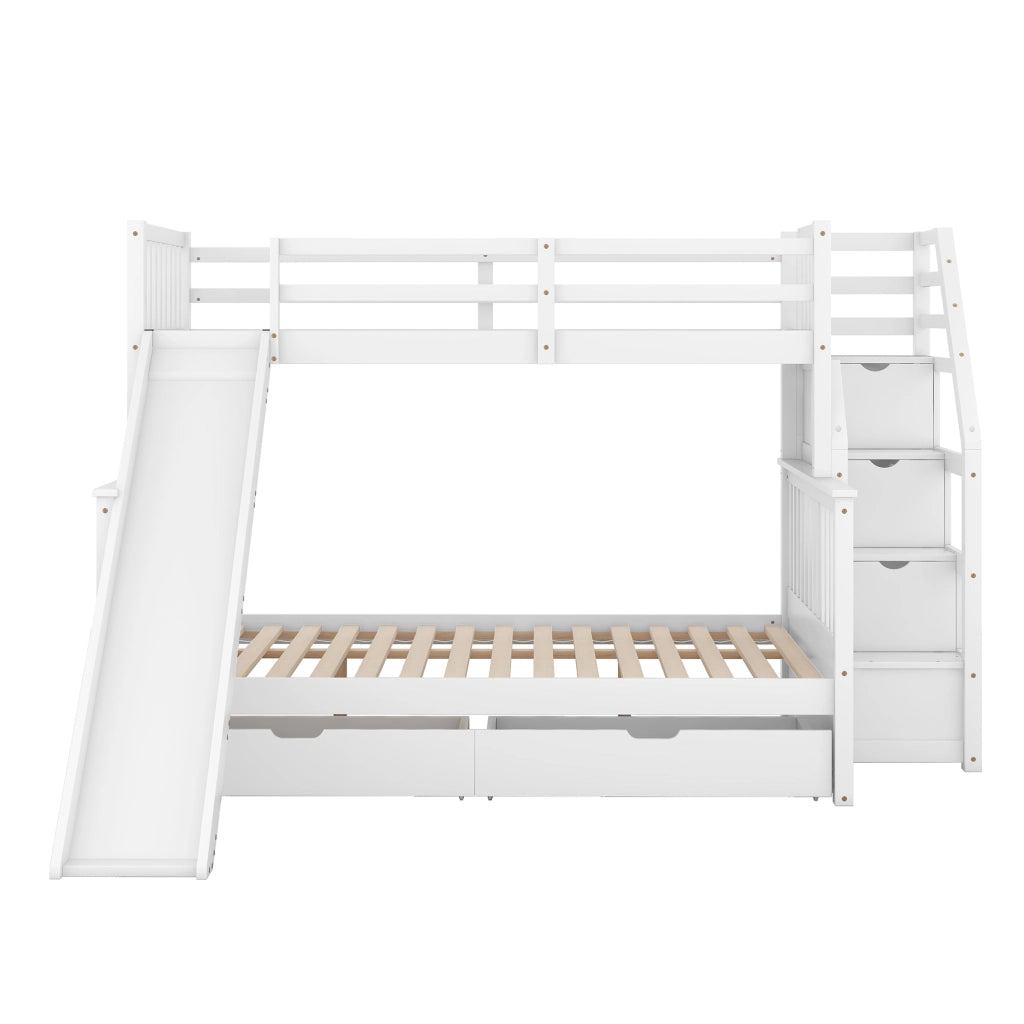 OKWISH Letto a Castello 90×200 cm e 140×200 cm, Letto 3 Posti con 2 Cassetti, Contenitore e Scivolo, senza Materasso, in Pino, Bianco
