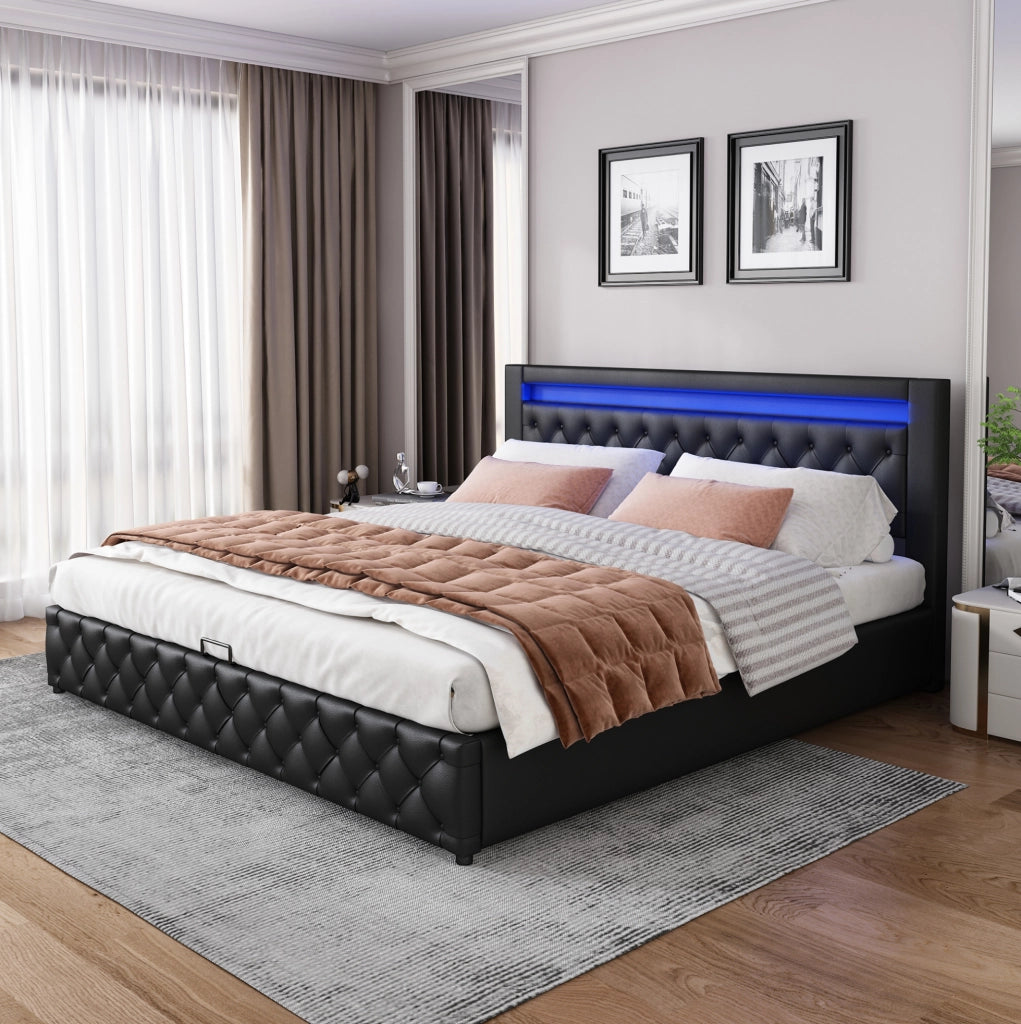 Letto matrimoniale imbottito con contenitore 180x200 cm in PU nero; con LED e rete a doghe