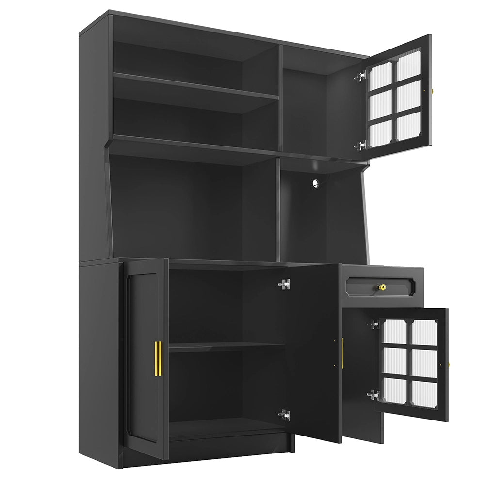 Credenza Cucina Alta 130x45x180cm - Xylo - con Ante Vetrate e Luci LED, Nero