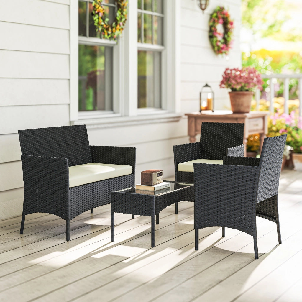 Set Divano Giardino in Polyrattan con Tavolino Vetro e Cuscini ¨C Zephmum ¨C Nero e Crema