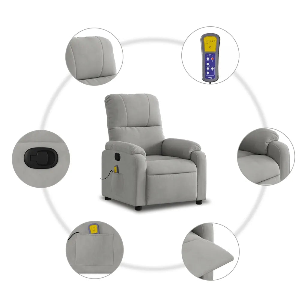 Divano Sedia-Poltrona Reclinabile Massaggio Grigio Chiaro Tessuto Microfibra 468709