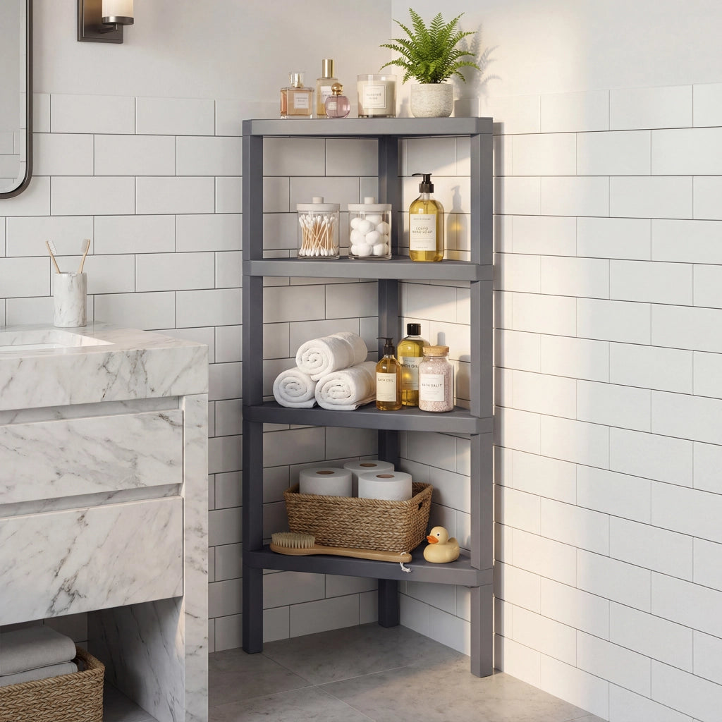 Supporto scaffale ad angolo a 4 ripiani con scaffali a doghe aperte, Libreria moderna per casa e ufficio Grigio