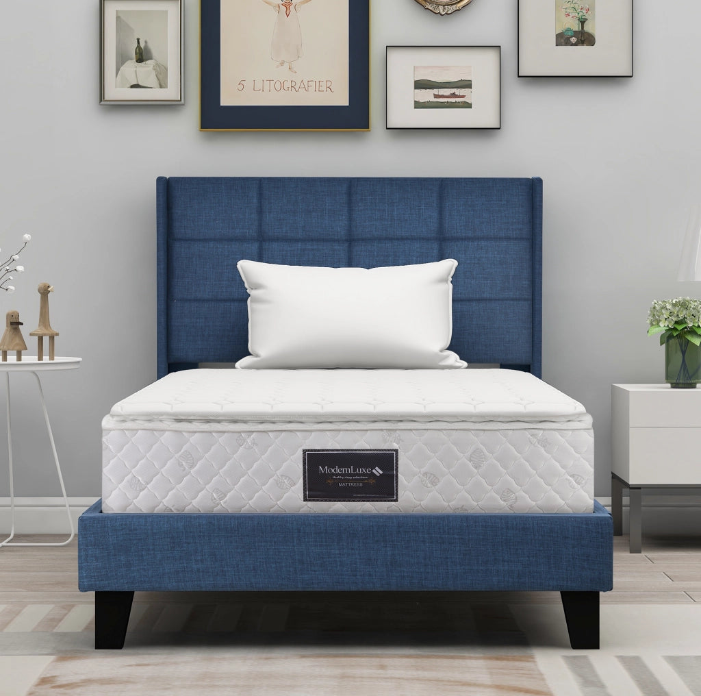 Letto singolo imbottito 90x200 cm in lino blu con testiera alta; rete a doghe e materasso