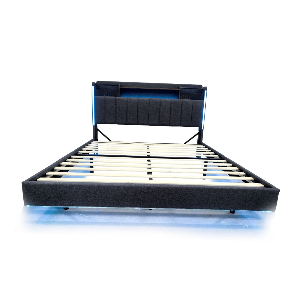 Letto imbottito 140 x 200 cm grigio con LED, USB e testiera contenitore