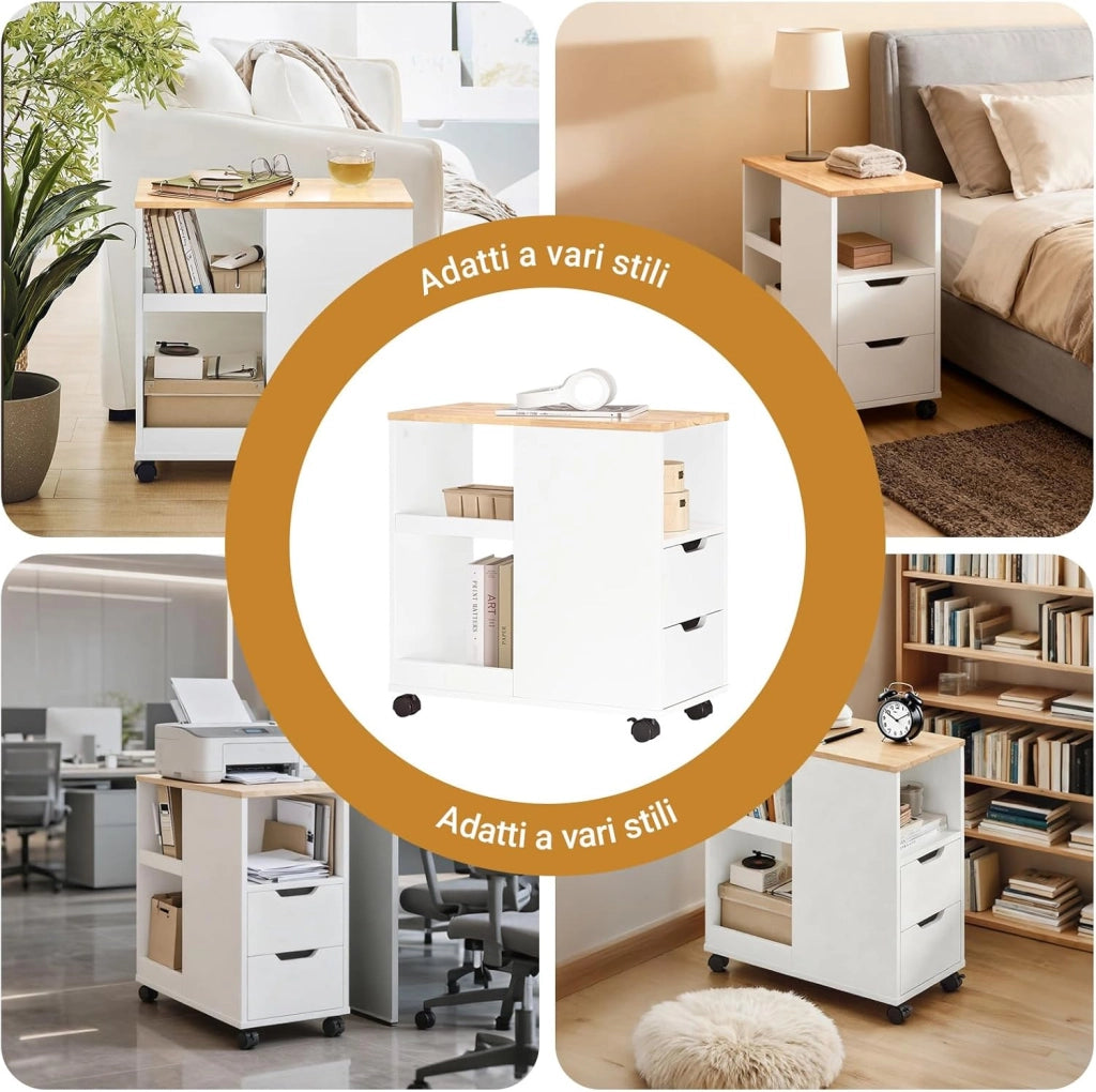 Supporto per Stampante con Ruote – Mobiletto per Stampante con Cassetti e Vani, Tavolino Multifunzionale per Ufficio e Home Office, L60xP30xH60 cm, FBT130-WN