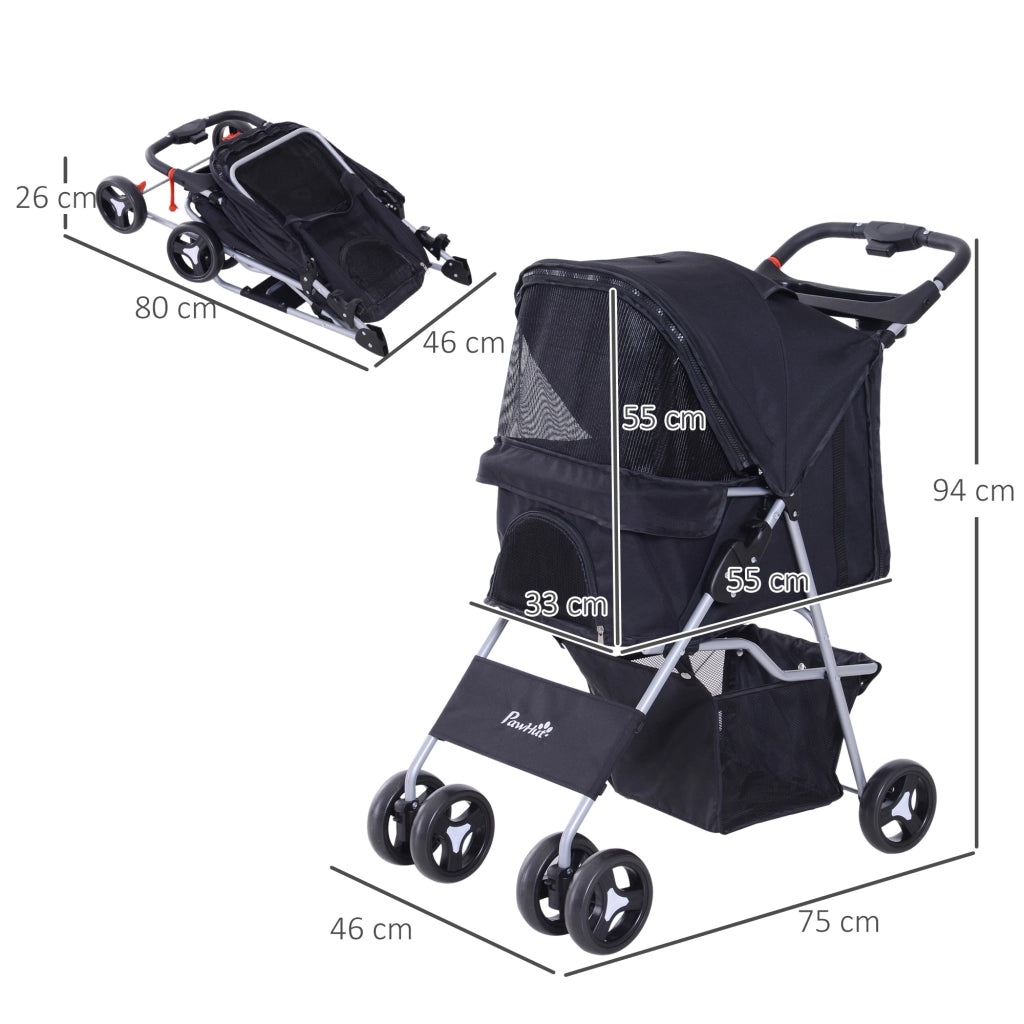 EasyComfort Passeggino per Cani Piccoli Pieghevole, Carrozzina per Cani con Ruote con Freni, Portabicchieri, Cestino Portaoggetti, 3 Finestre e Ruote Anteriori a 360°, per Animali Domestici 10 kg, Nero