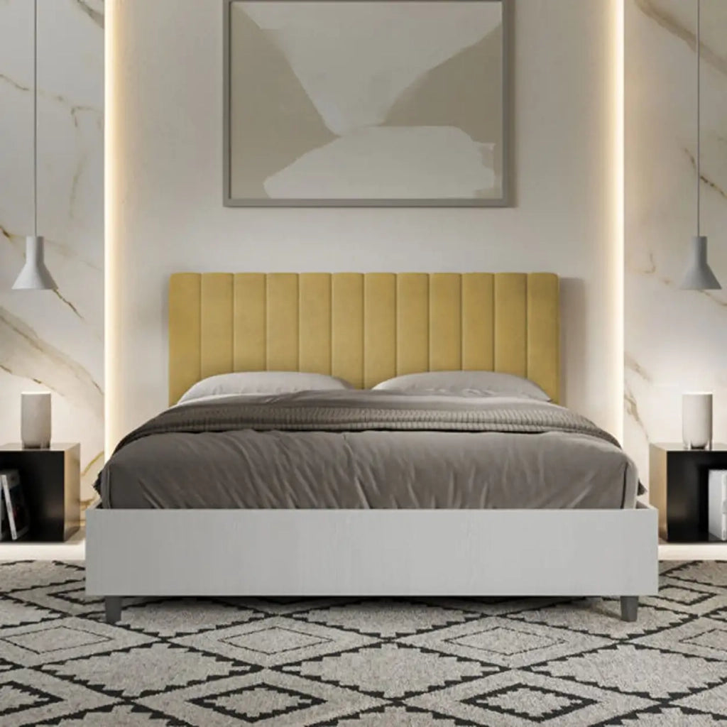 Letto matrimoniale senza rete 160x190 bianco frassino testata microfibra ocra Kaia