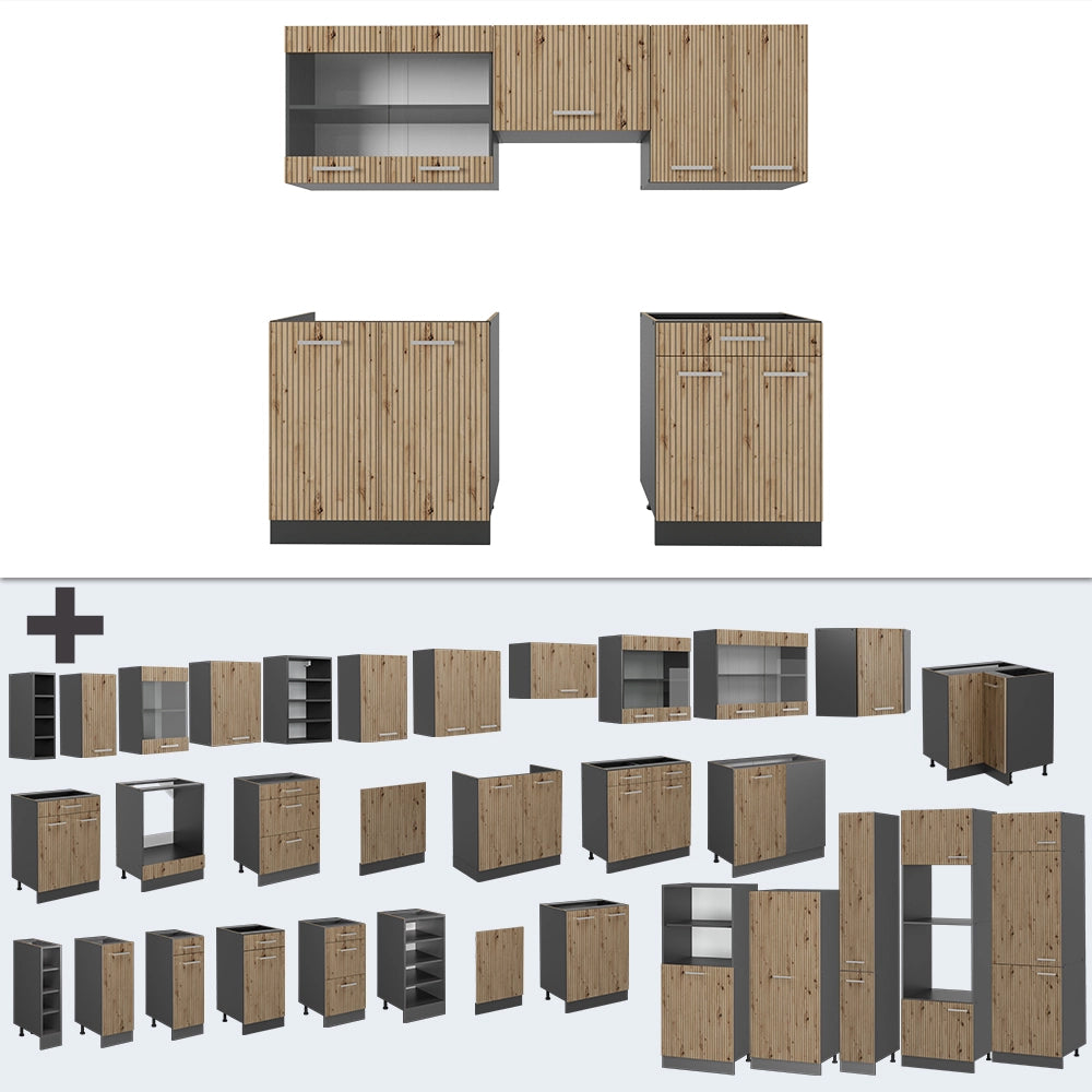 Cucina componibile R-Line Rovere artigianale/Antracite 200 cm, PL Rovere Vicco