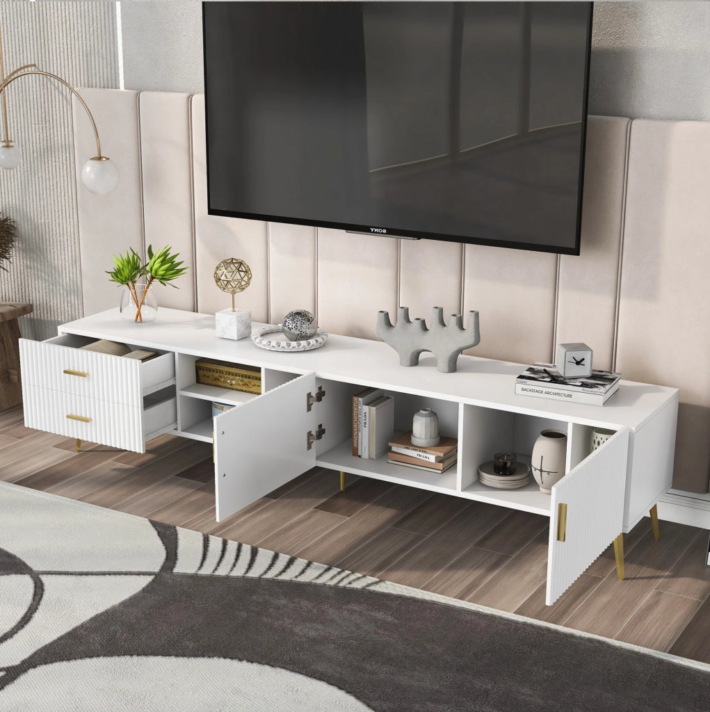 Mobile TV bianco in MDF 180 cm, 2 cassetti e 2 ante