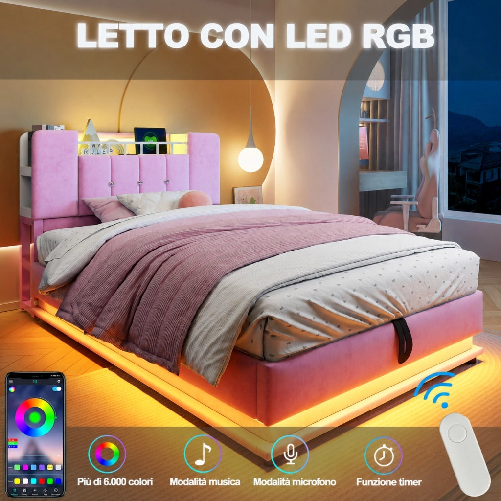 Letto imbottito per bambini 90x200 cm con LED e USB; contenitore idraulico; velluto rosa