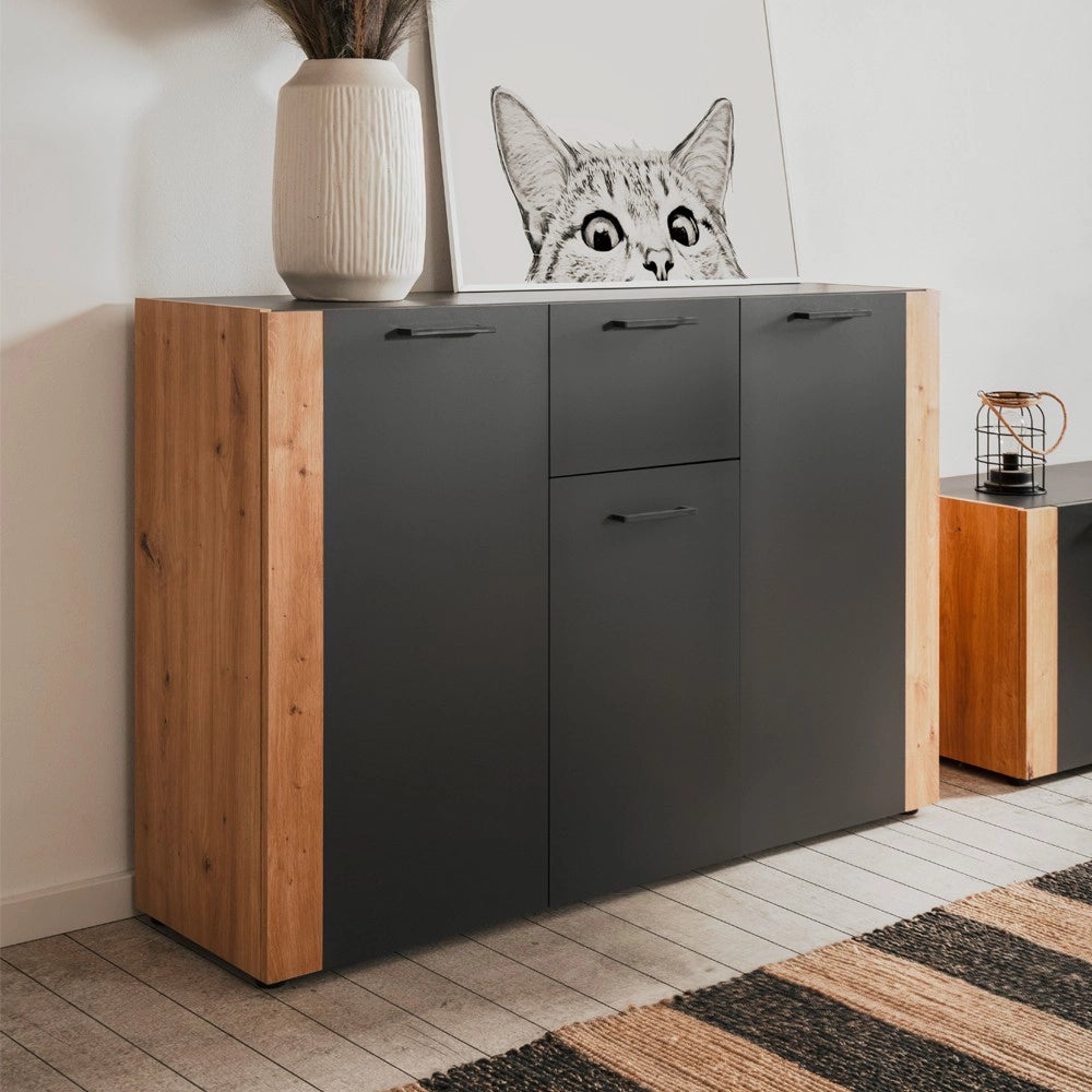 Madia Cento01B con 3 ante e 1 cassetto colore antracite con laterali in rovere artisan 125 cm