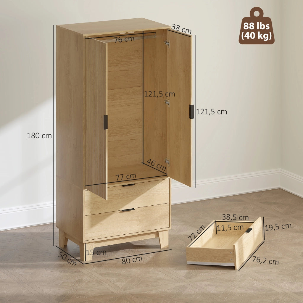 Armadio Camera da Letto con 2 Ante Scorrevoli 2 Cassetti Appendiabiti ¨C zephmum ¨C 80x50x180 Legno Naturale