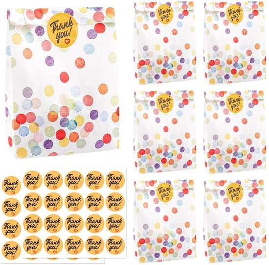 Confezioni di regalo in cartone 30 pezzi - Sacchetti di carta 19 x 13 x 3,5 cm - Con 40 adesivi - Adatti per compleanni dei bambini - Riciclabili - Punti rotondi - Confezioni di regalo