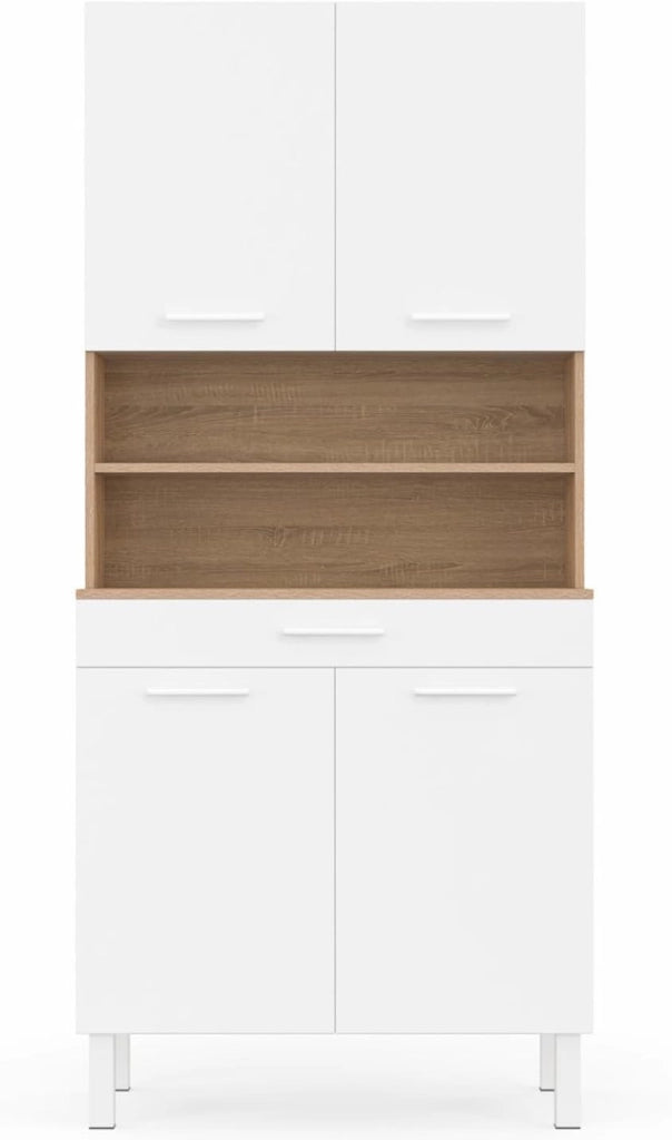 Comò da cucina CINA 80 CM con 4 ante + cassetto, finitura faggio e bianco