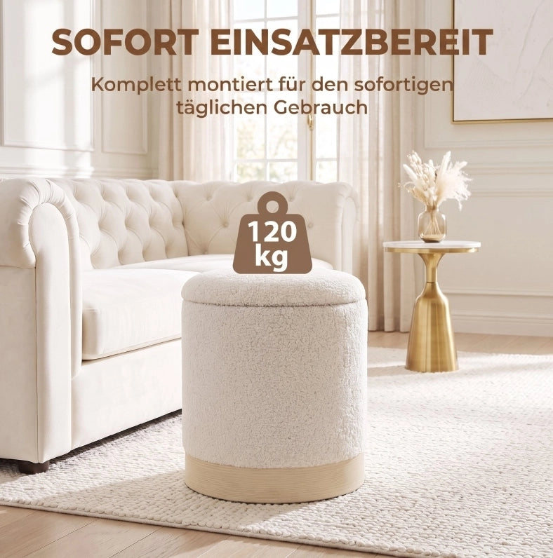 POUF Contenitore in Poliestere Sherpa Crema, Altezza 45 cm