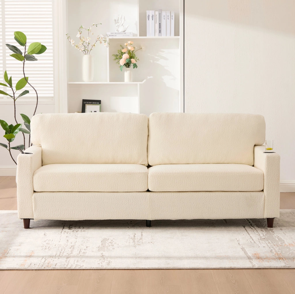 Divano a 2 posti in chenille beige con USB-C; luci LED; portabicchieri e tasche laterali 203 cm