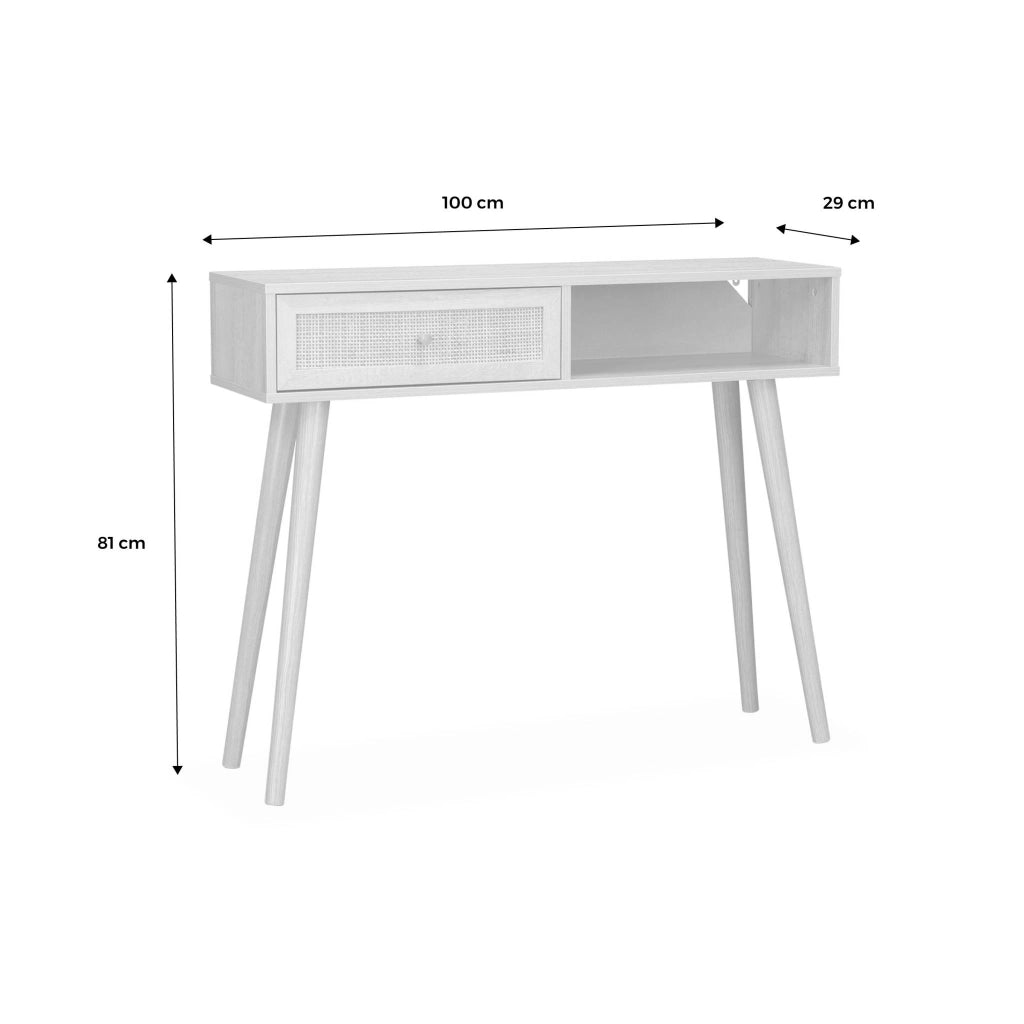 Consolle scandinava con effetto legno e canna, 100cm, nero