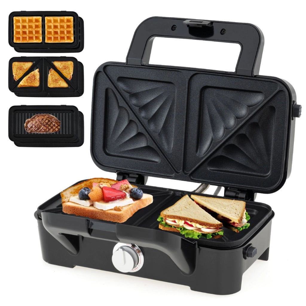 Grill panini press e tostapane con piastre antiaderenti rimovibili con spie indicatrici, Set 3 in 1 ferro da stiro per waffle Nero