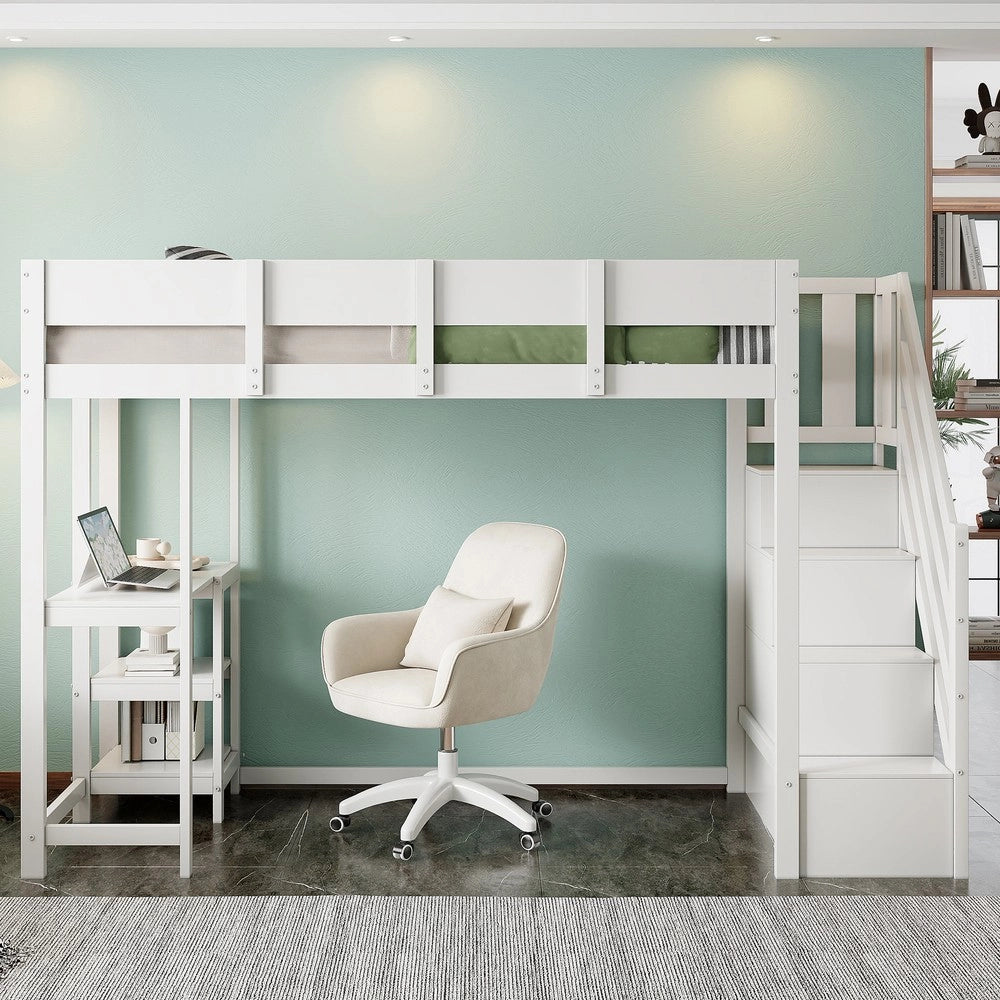 Letto a Soppalco con Vano Contenitore e Mensola ¨C MINIMAL ¨C Massello Pino, Rete a Doghe, Bianco, 90x200