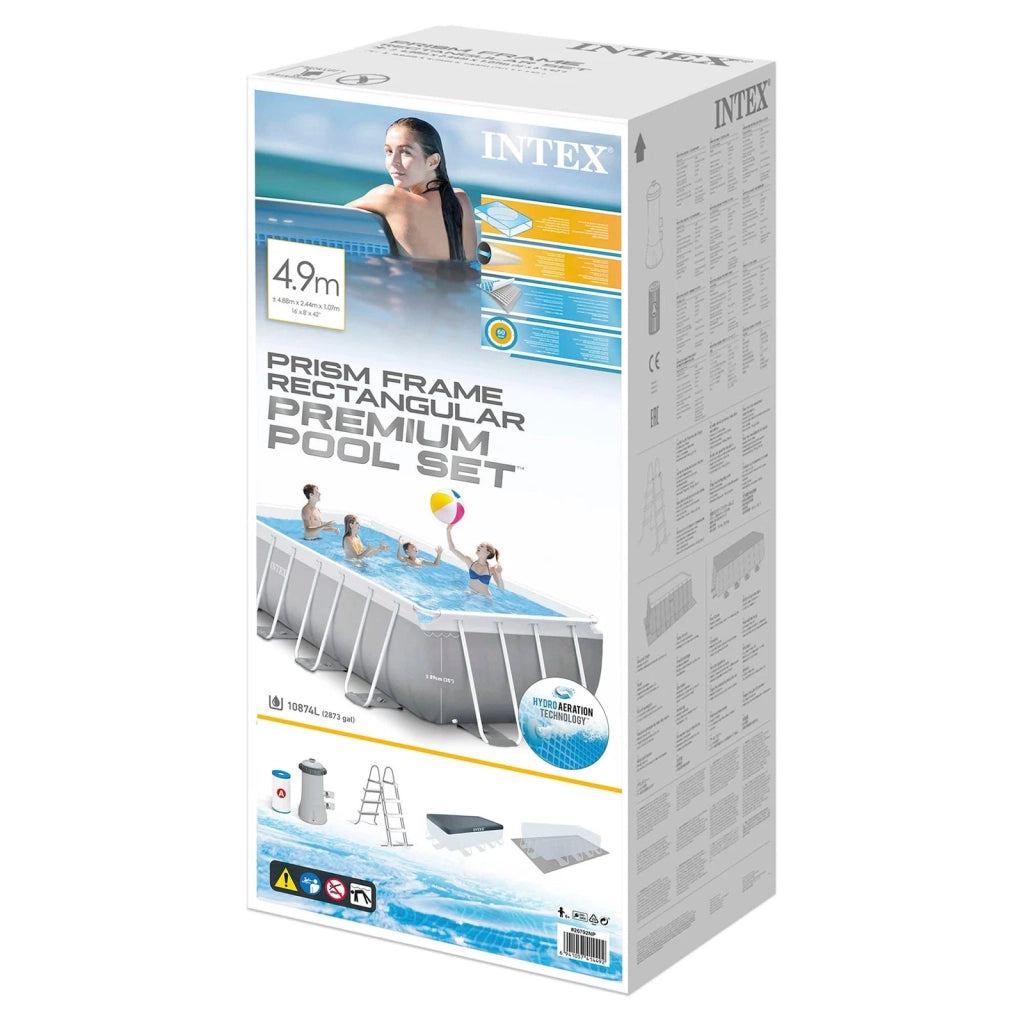 Piscina Fuori Terra Prisma Frame Rettangolare Pompa Filtro 3785 L/H, Scaletta, Telo Base E Copertura, 10874 L, Acciaio E Pvc, Grigio, 488X244X107 Cm