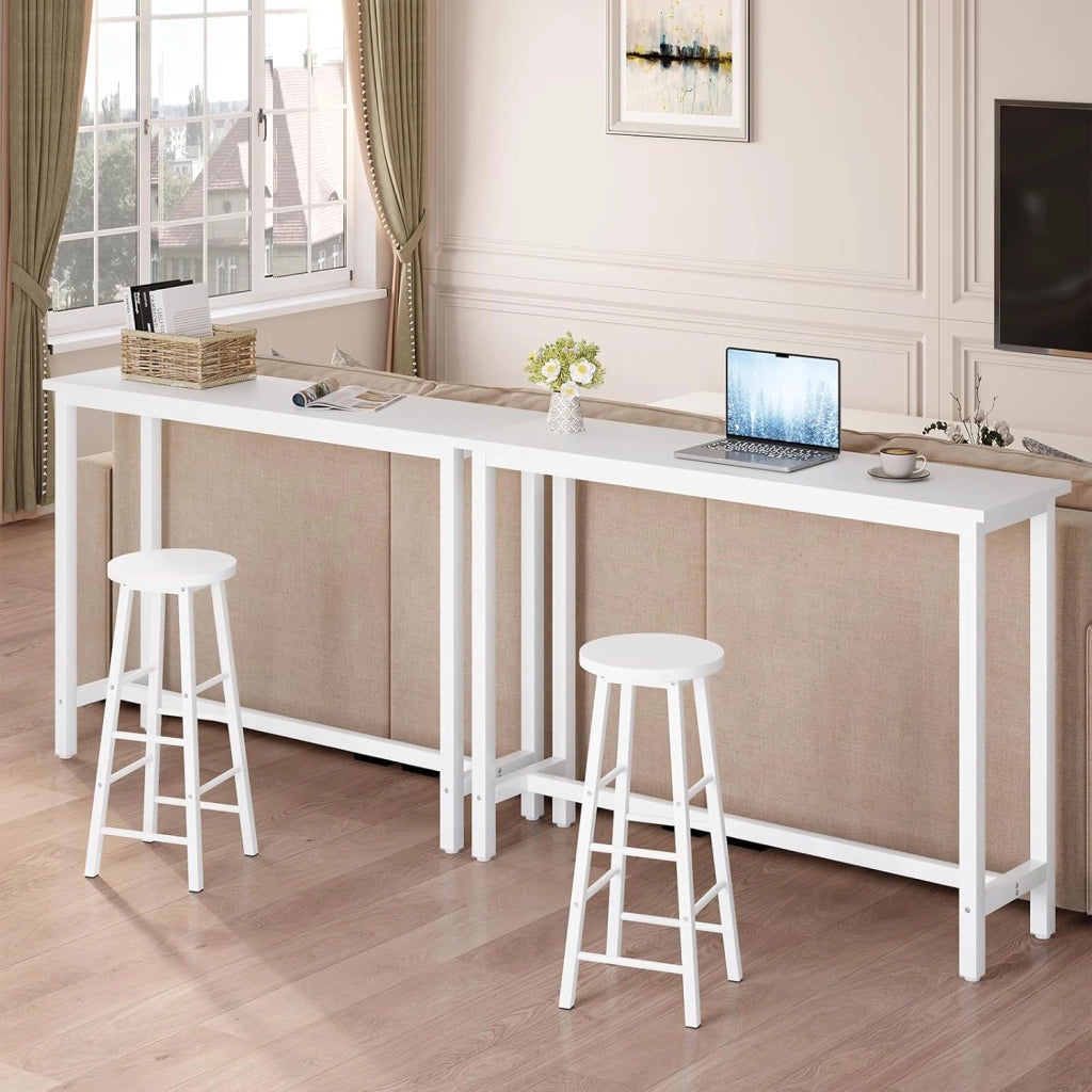 Tavolo Alto con 2 Sgabelli, Set Pranzo per Cucina, Sala da Pranzo, Isola da Cucina, Sgabelli Rotondi, Struttura in Metallo, Design Industriale, Bianco