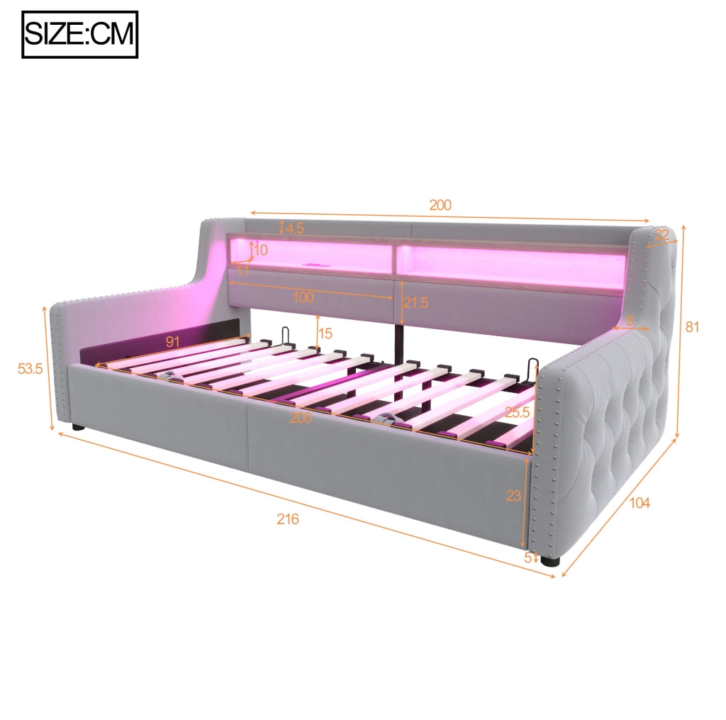 Divano letto 90 x 200 cm con contenitore, LED e prese integrate