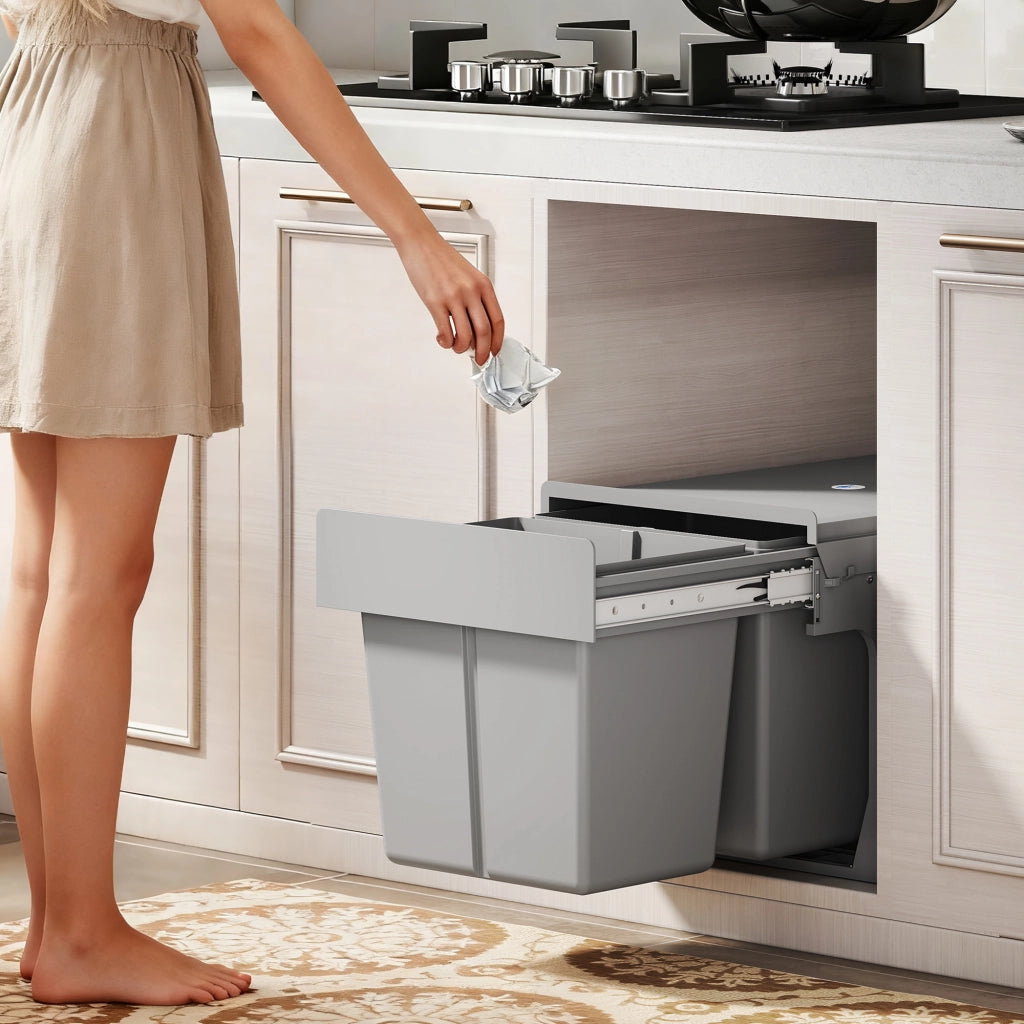 Cestino Sottolavabo Estraibile con 2 Contenitori 30L ¨C zephmum ¨C Grigio Chiaro 60x45x45 cm