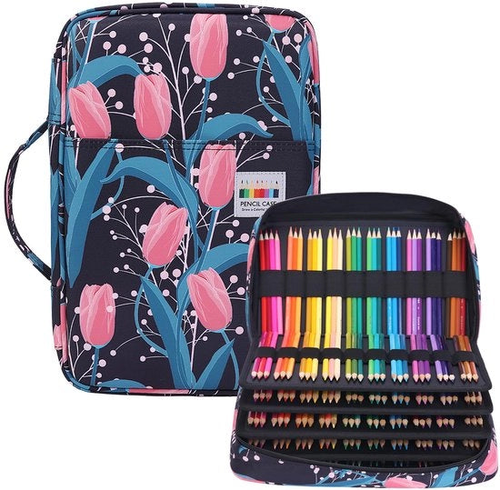 Etui con grande capacità per 300 matite, spazio di archiviazione per pastelli colorati, etui impermeabile, organizzatore per pastelli colorati, pennelli per artisti, pennarelli e pennarelli a punta fine (tulipano)