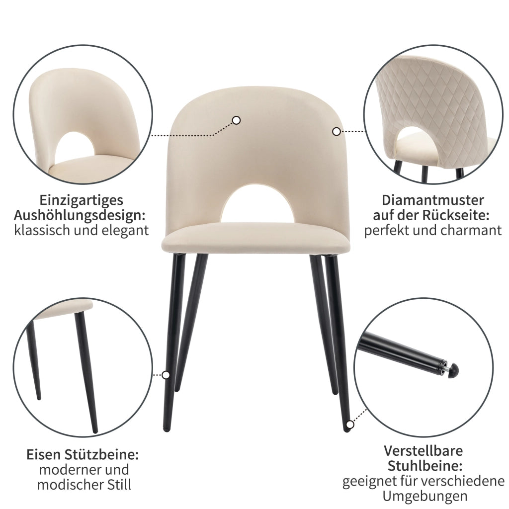 Set di 2 sedie da pranzo imbottite in velluto beige con gambe regolabili