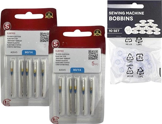 Pacco con 10 aghi per macchine da cucire Singer 2045, spessore 90/14, per jersey (SUK), elastico, trama, 130/705 H-S (punta piatta su un lato), universale + 10 anelli trasparenti