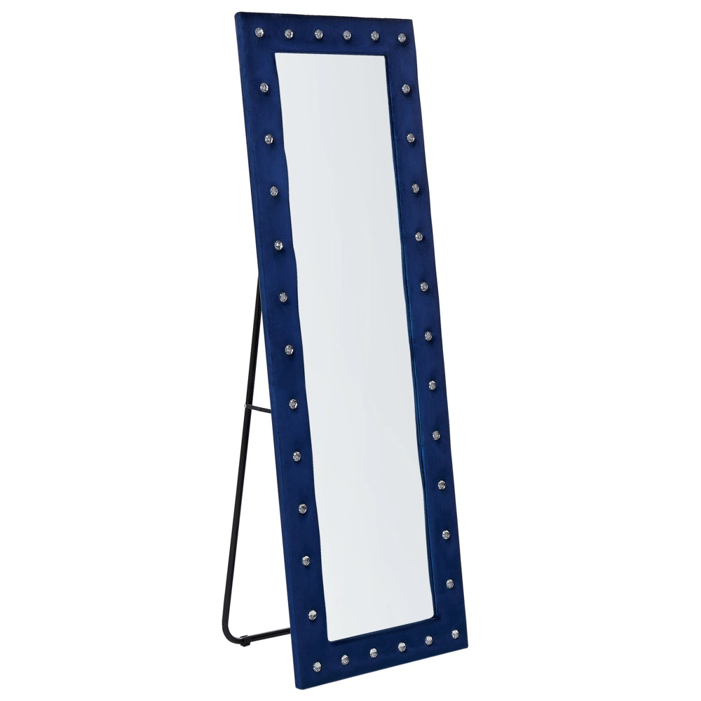 Specchio da terra in velluto blu 50 x 150 cm cornice decorativa strass con supporto glamour da terra sospeso per armadio camera da letto soggiorno