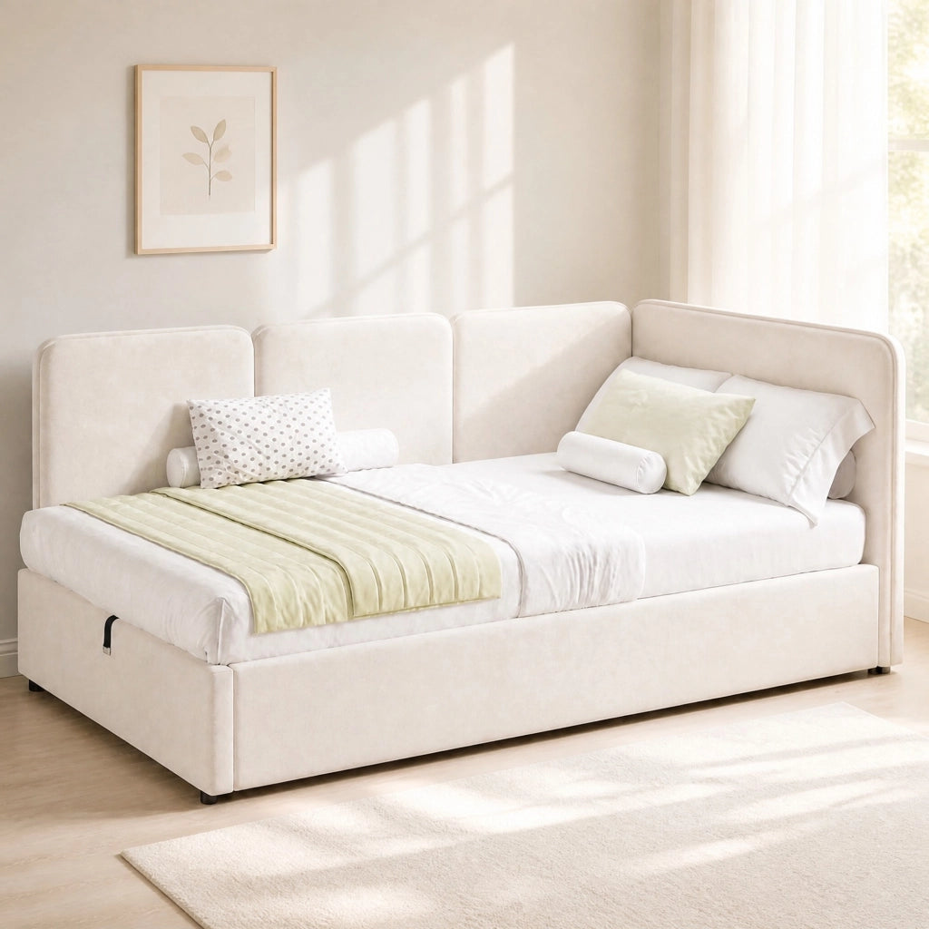 Letto daybed 90x200 cm in velluto beige con contenitore idraulico, testiera imbottita e montaggio reversibile