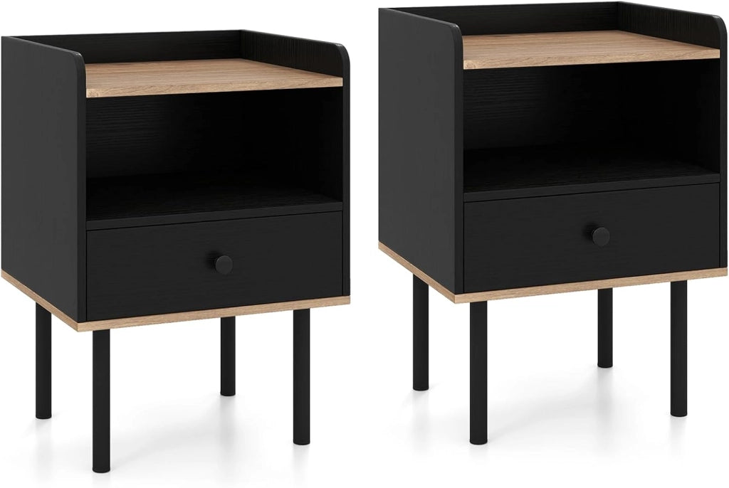 Set di 1/2 comodini, comodino con scomparto aperto e cassetto, stile moderno, gambe metalliche, 40,5 x 35 x 56 cm, tavolino ausiliario per camera da letto, soggiorno (bianco)