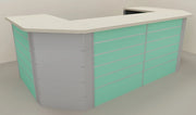 Banco vendita angolare con pannello dogato frontale da negozio abbigliamento cm. 312x156x106h