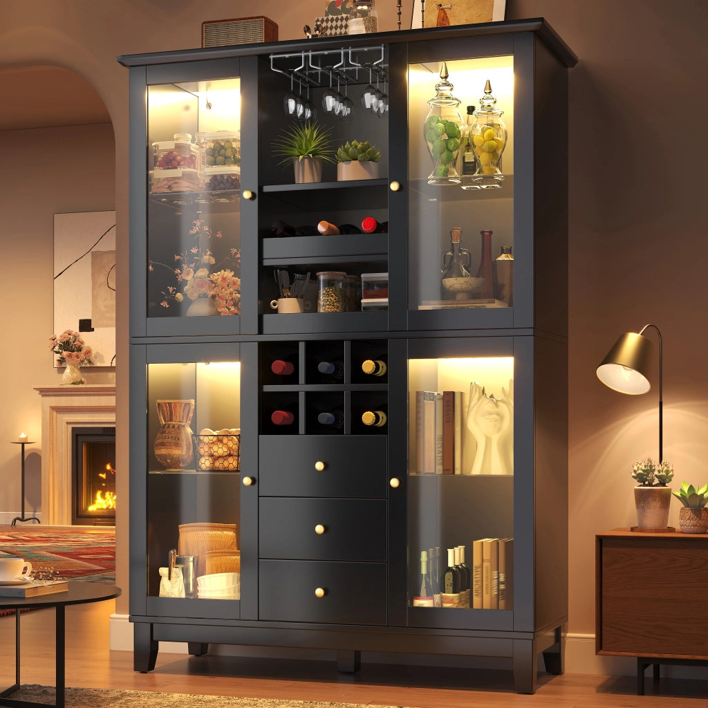Mobile bar con LED RGB da app 3 cassetti ripiani regolabili portabicchieri portabottiglie MDF nero 120 × 40 × 180,5 cm