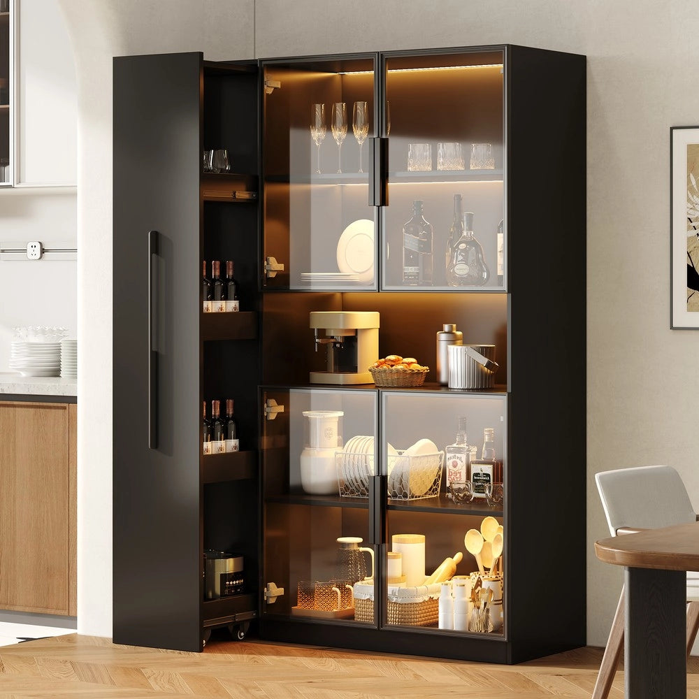 Vetrina con LED ¨C Xylo ¨C Nero, Ripiani Estraibili, Cassetti, 110x35x160