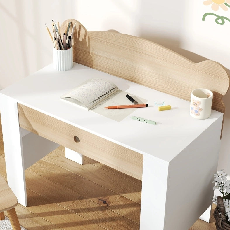Set scrivania e sedia per bambini in legno naturale con cassetto